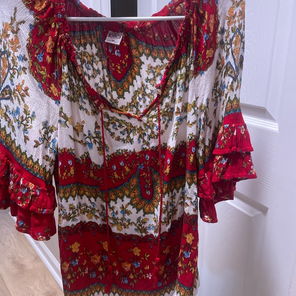 Bila Boho Floral Peasant Top Red Cream Off Shoulder Medium